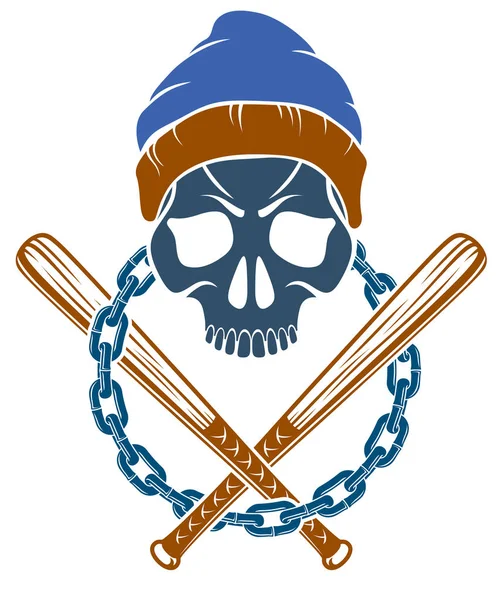 Tatouage criminel, emblème de gang ou logo avec crâne agressif baseb — Image vectorielle