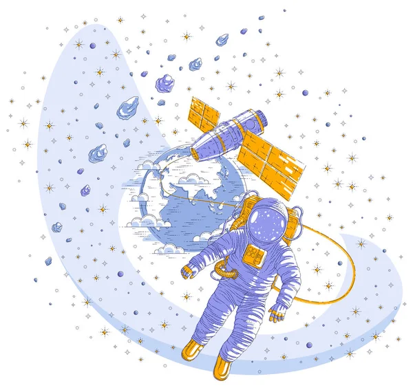 Spaceman che vola in uno spazio aperto collegato alla stazione spaziale e all'orecchio — Vettoriale Stock