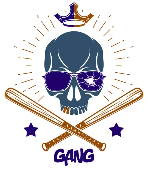 Brutal gangster emblem eller logotyp med aggressiva skalle baseball ba — Stock vektor