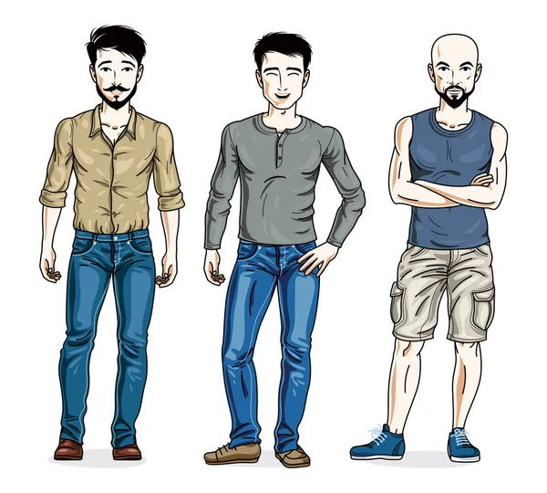 Ευτυχισμένος άνδρες ποζάρουν κομψά casual ρούχα. Διάνυσμα άτομα Εικ — Διανυσματικό Αρχείο