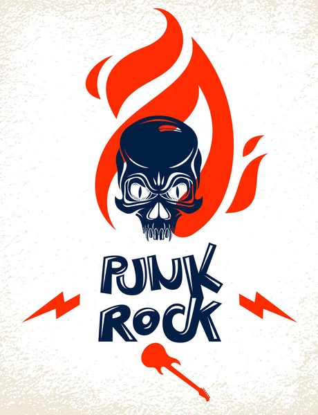 Skalle på brand rockn'roll vektor logotypen eller emblem, aggressiv sk — Stock vektor
