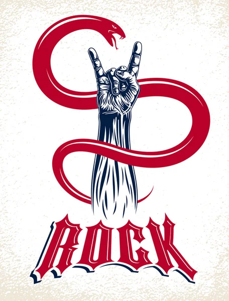 Rock tangan tanda dengan agresif ular, musik panas Rock and Roll ge - Stok Vektor