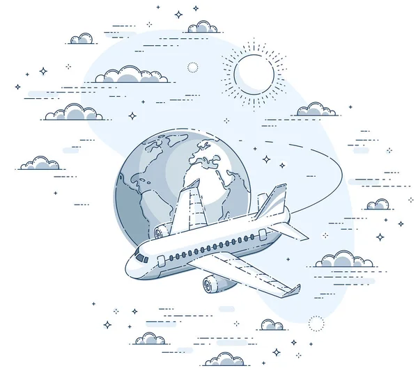 Dopravní letadlo se země planety na obloze v oblacích — Stockový vektor