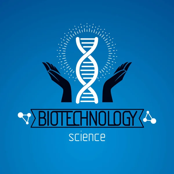 İnsan DNA'sı bir model bakmakta ellerini tutun. Biyomühendislik di olarak — Stok Vektör