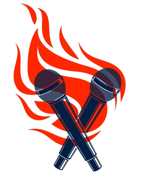 Dwa mikrofony skrzyżowane na ogień, gorące mic w płomieniach, rap Bitwa r — Wektor stockowy