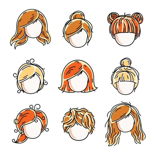 Verzameling van cute meisjes gezichten, vector menselijk hoofd plat illustrat — Stockvector