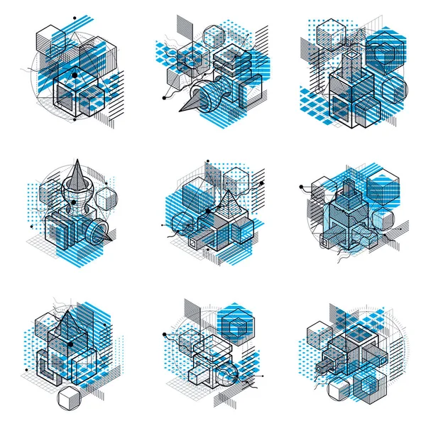 Fundos abstratos com elementos isométricos, arte linear vetorial —  Vetores de Stock