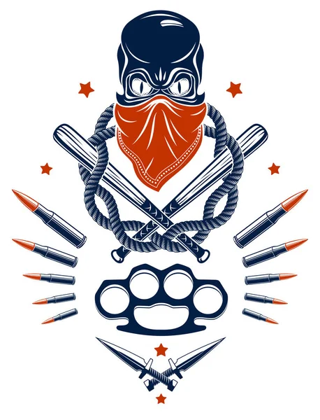 Gangster embleem logo of tatoeage met agressieve schedel honkbal ba — Stockvector