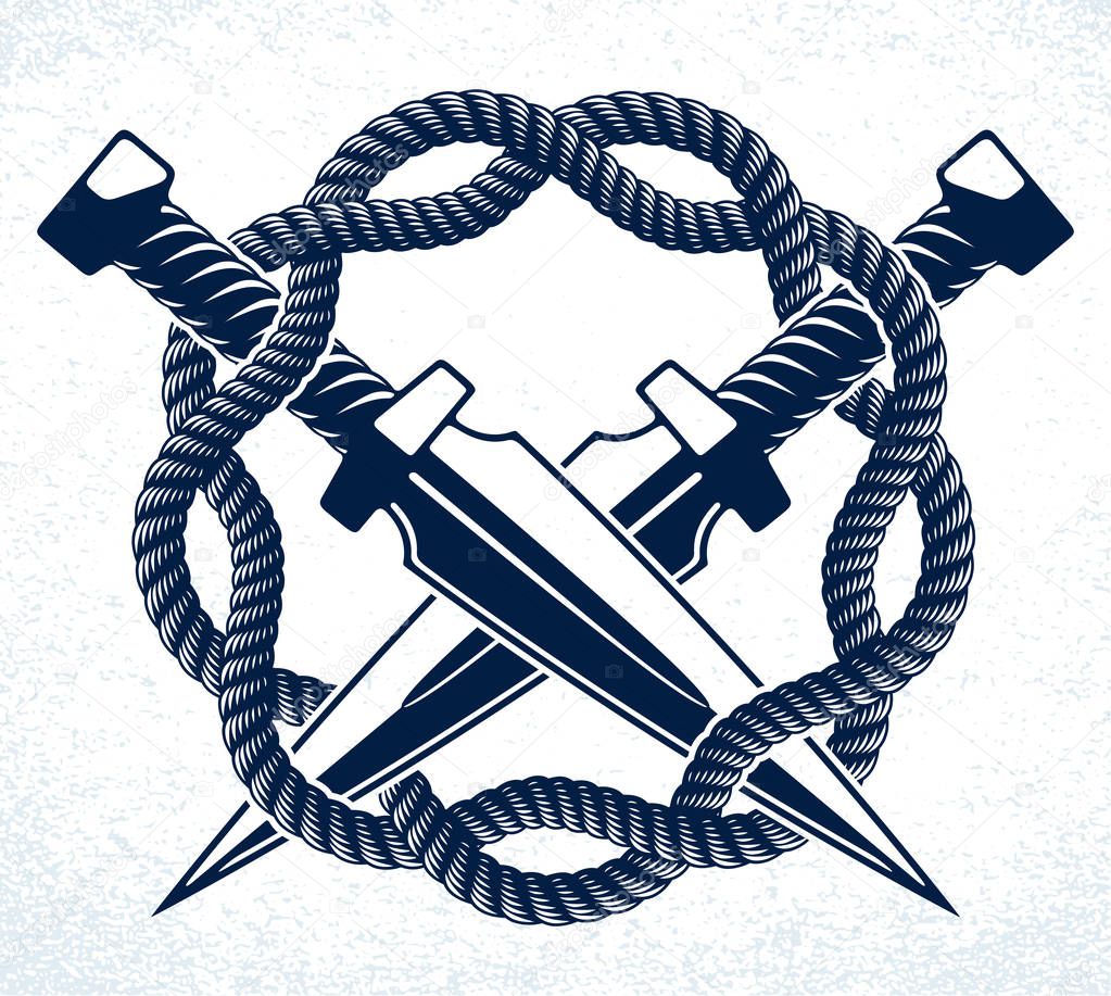 Dagger knives crossed vector criminal gang logo or sign, gangster style theme.