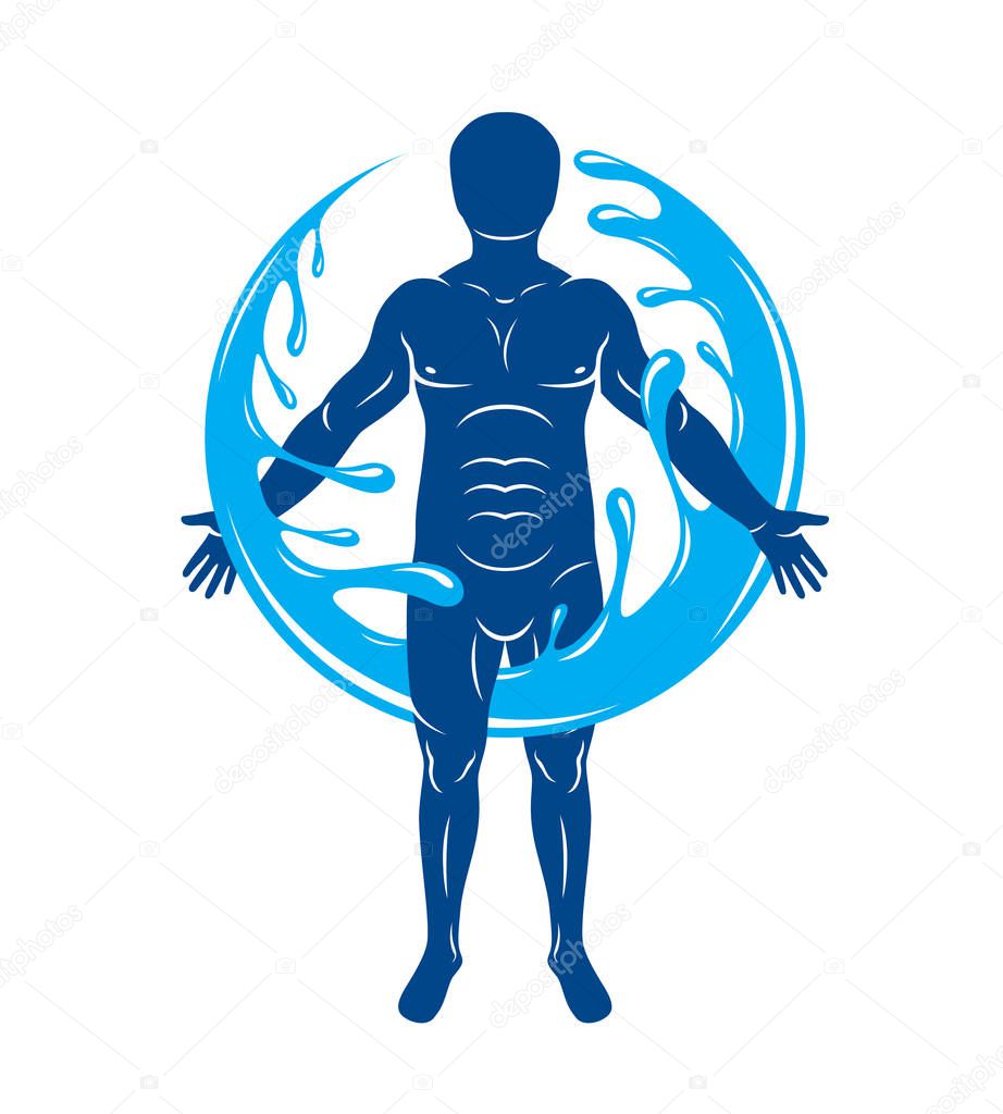 Vector graphic illustration of strong male, body silhouette surr