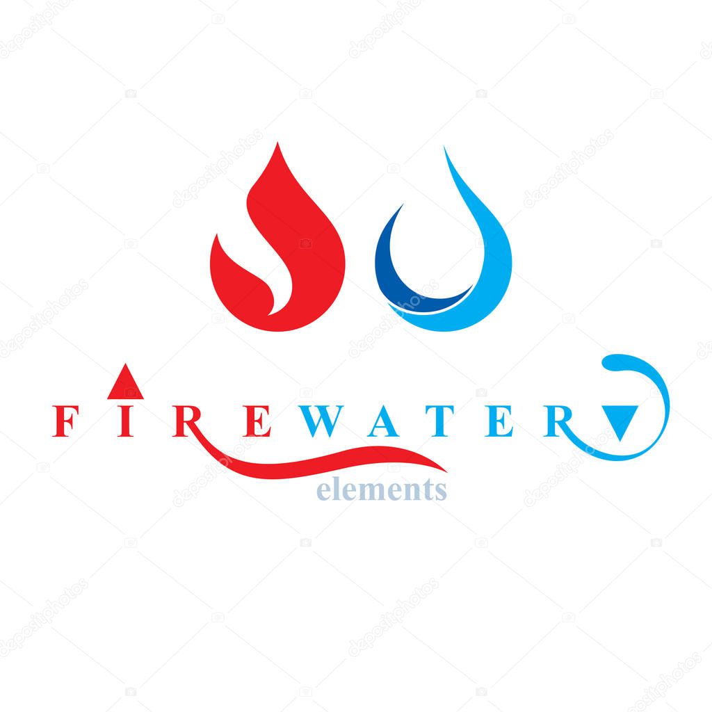 Nature elements balance conceptual emblem for use as marketing design symbol. Fire and water harmony.