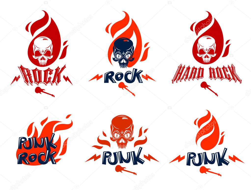 Skull in a flames Hard Rock music vector logos or emblems set, aggressive skull dead head on fire Rock and Roll labels, Punk festival concert or club, musical instruments shop or recording studio.