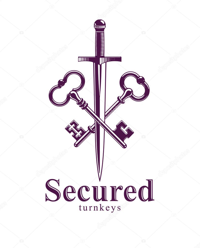 Crossed keys and dagger vector symbol emblem, turnkeys and sword
