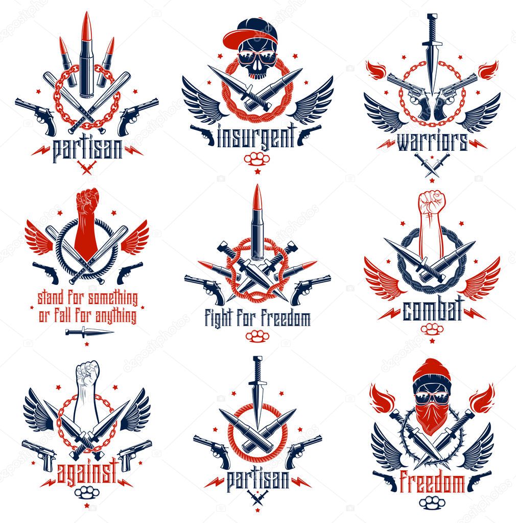 Anarchy and Chaos aggressive emblem or logo with strong clenched fist, aggressive skull, bullets and guns, weapons and different design elements , vector tattoo, rebel and revolutionary.