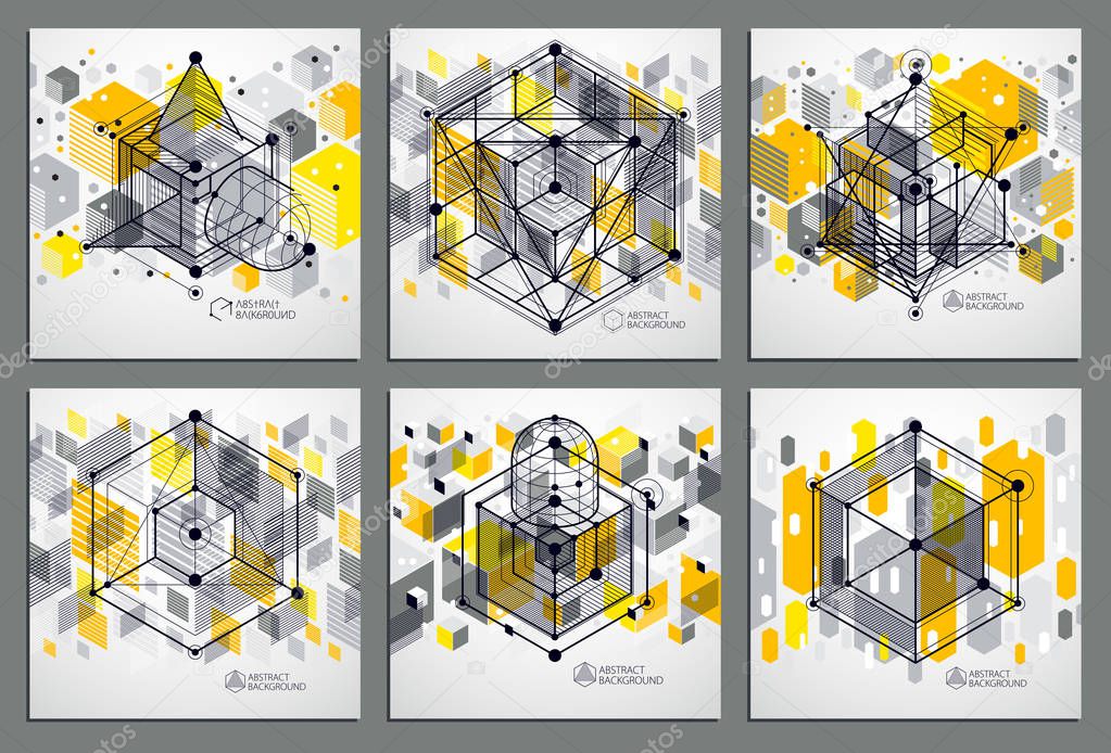 Trendy geometric vector patterns set, textured abstract cube mes