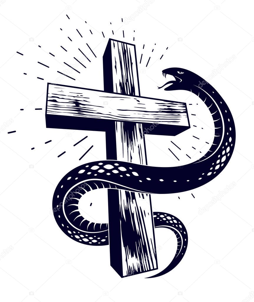 Snake wraps around Christian cross, the struggle between good and evil, saint and sinner, love and hate, life and death symbolic vector illustration logo, emblem or tattoo.