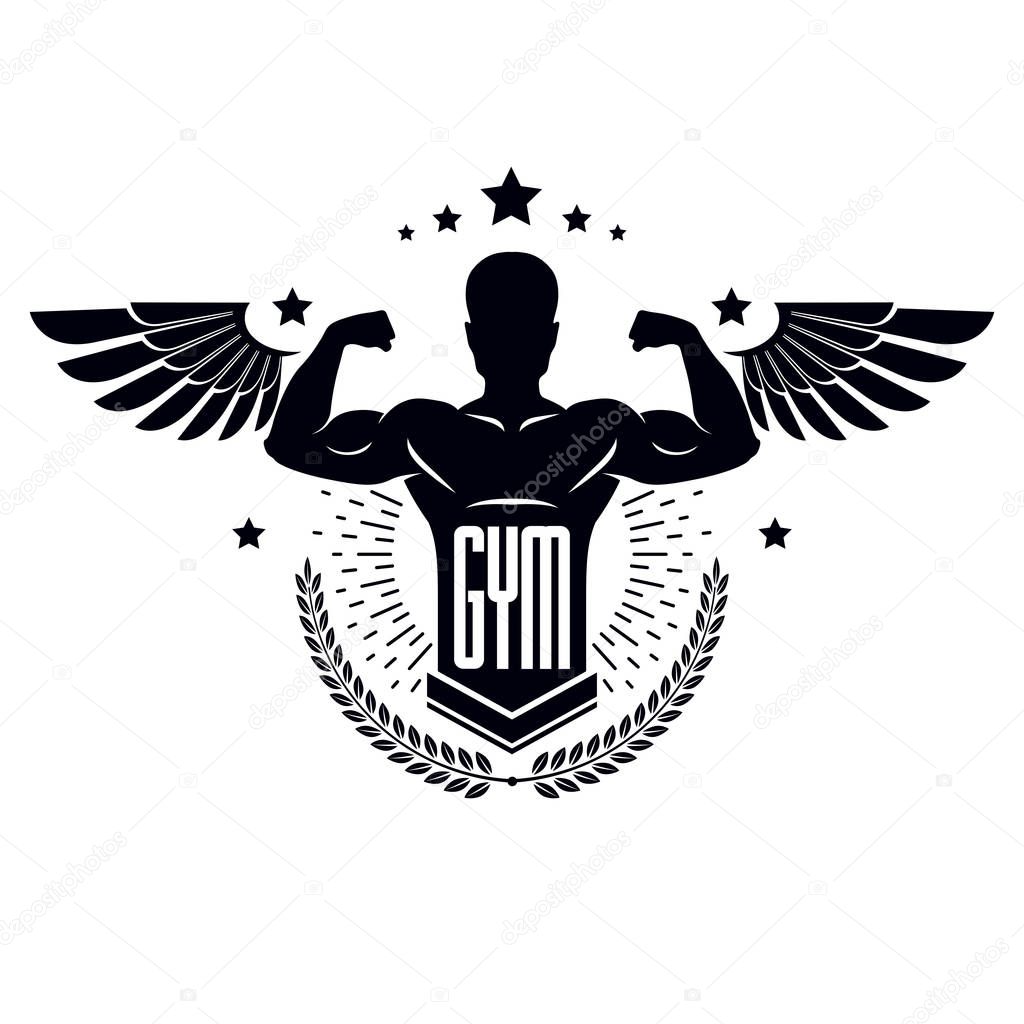 Gym and fitness logo template, retro stylized vector emblem or b