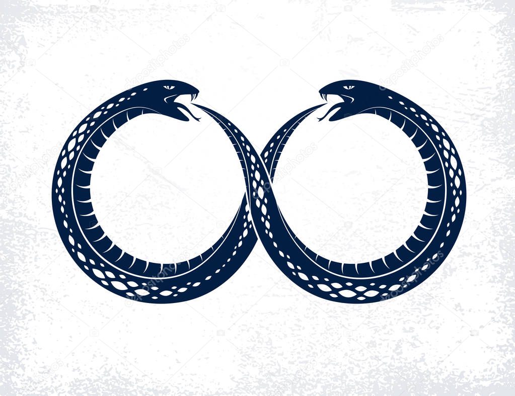 Snake eating its own tale, Uroboros Snake in a shape of infinity symbol, endless cycle of life and death, Ouroboros ancient symbol vector illustration logo, emblem or tattoo.