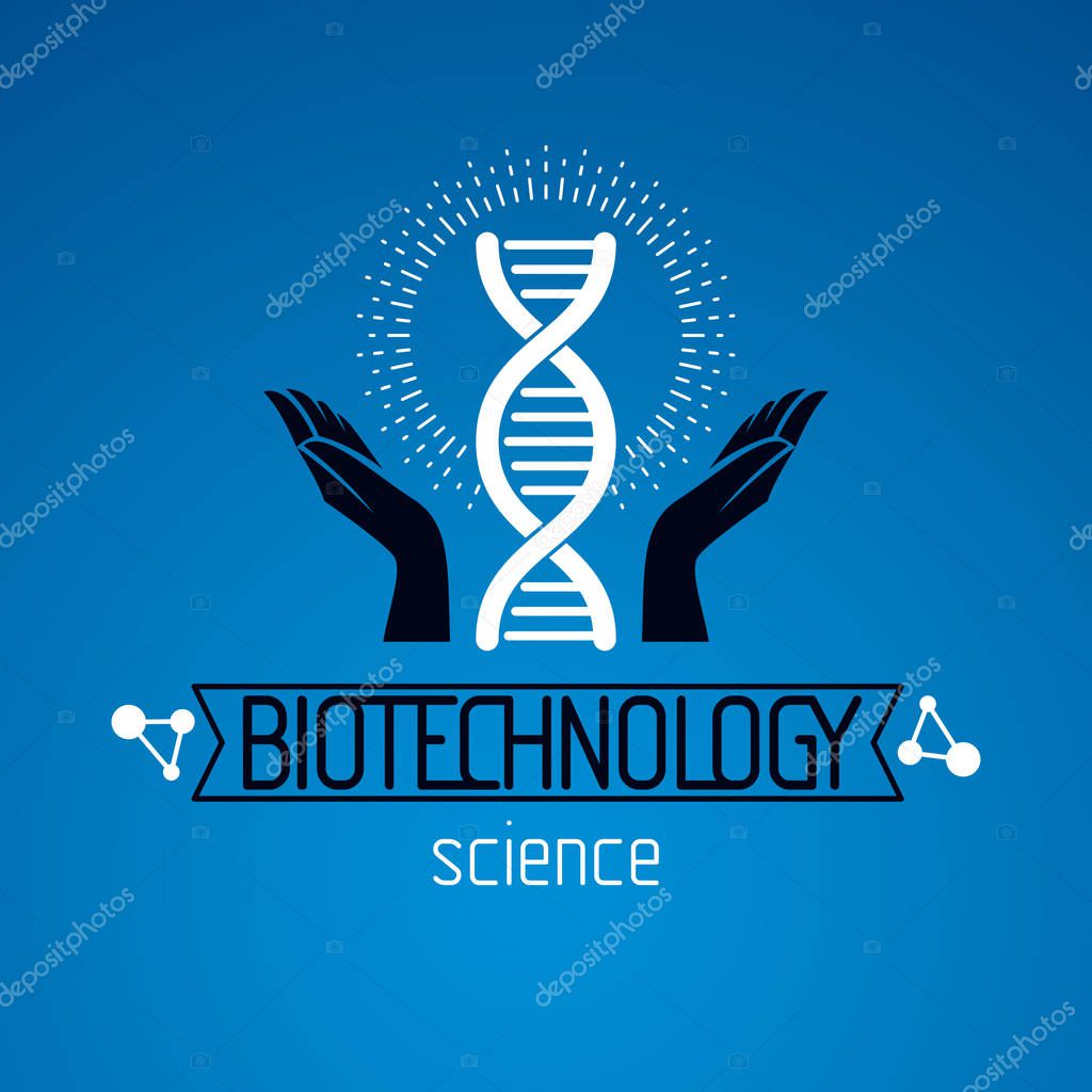 Caring hands hold a model of human DNA. Bioengineering as the direction of genetics, abstract vector scientific symbol best for use in education, science and humanity evolution research.
