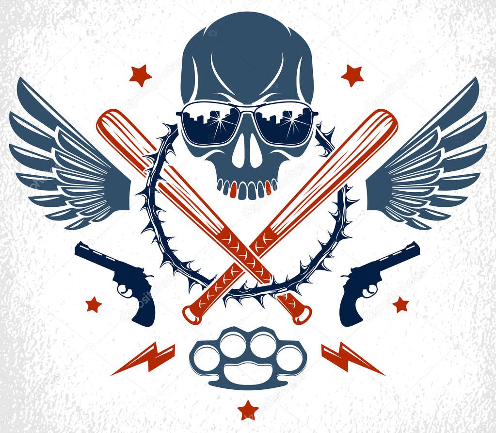 Criminal tattoo ,gang emblem or logo with aggressive skull baseb
