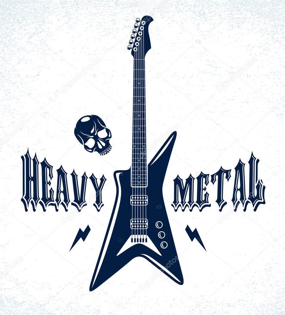 Heavy Metal emblem with electric guitar vector logo, concert fes
