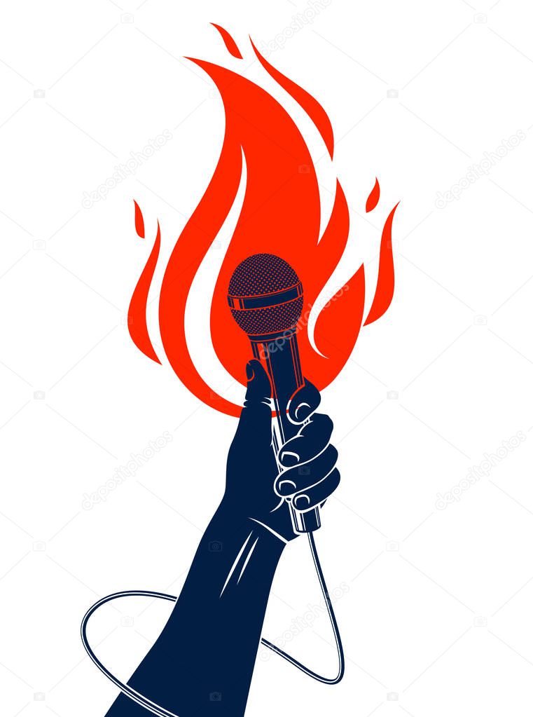 Microphone in hand on fire, hot mic in flames live show, rap battle rhymes music, concert festival or night club label, karaoke singing or standup comedy, vector logo, t-shirt print.