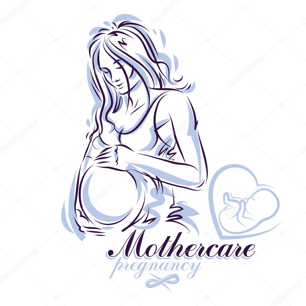 Elegant Pregnant Woman Body Silhouette Drawing Vector Illustration Of Mother To Be Fondles Her Belly Obstetrics And Gynecology Clinic Advertising Banner Premium Vector In Adobe Illustrator Ai Ai Format Encapsulated Postscript