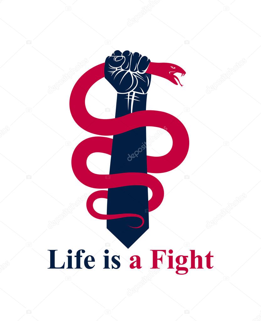 Hand squeezes a snake, fight against evil, control your dark side, internal conflict, archetype shadow, life is a fight concept, vintage vector logo or tattoo.