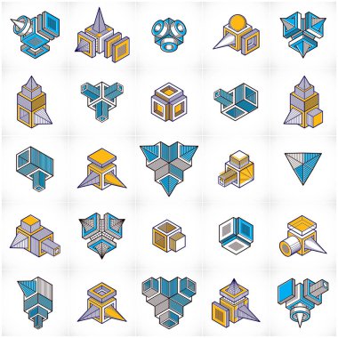 Soyut üç boyutlu şekiller kümesi, vektör tasarımları.