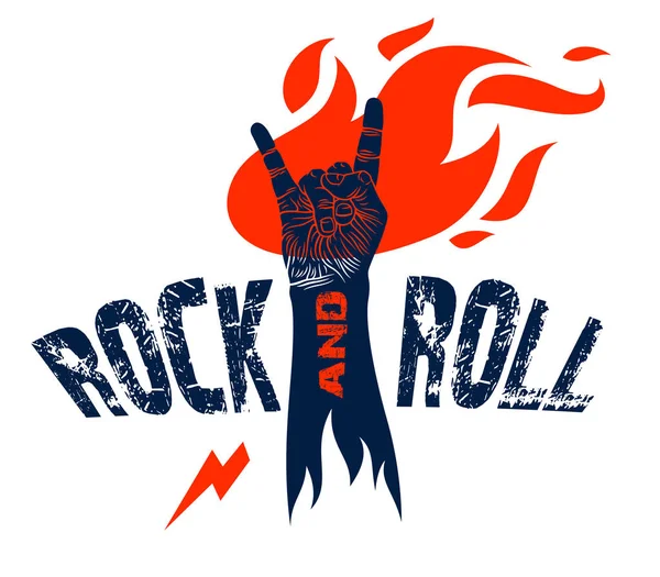 Rock Handzeichen in Flammen, heiße Musik Rock and Roll Geste in Flammen — Stockvektor