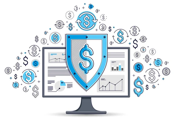 Escudo sobre el monitor de la computadora y el dólar conjunto de iconos, internet f — Vector de stock