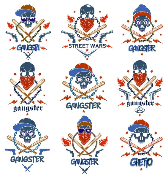 Gangster emblema logotipo ou tatuagem com agressivo crânio beisebol ba —  Vetores de Stock