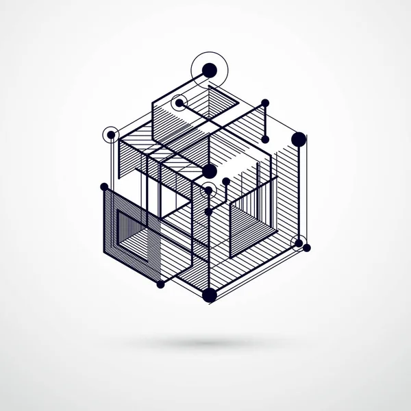 Tecnología geométrica vector blanco y negro dibujo, 3D technica — Archivo Imágenes Vectoriales