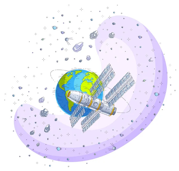 Space station flying orbital spaceflight around earth, spacecraf — Stock Vector