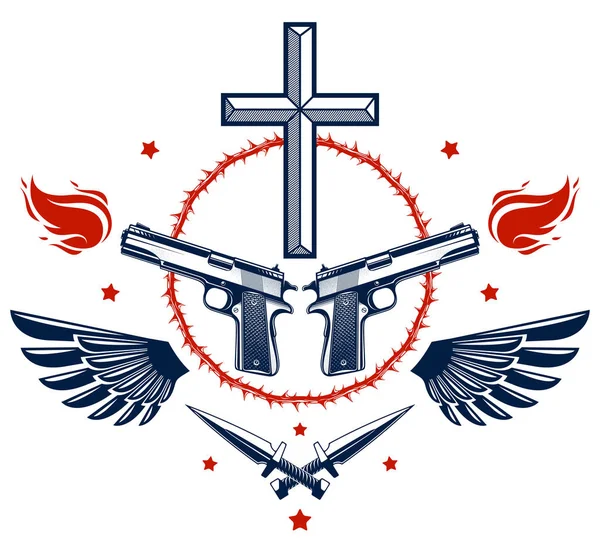 Gángster criminal emblema dramático o logotipo con Cruz Cristiana s — Archivo Imágenes Vectoriales