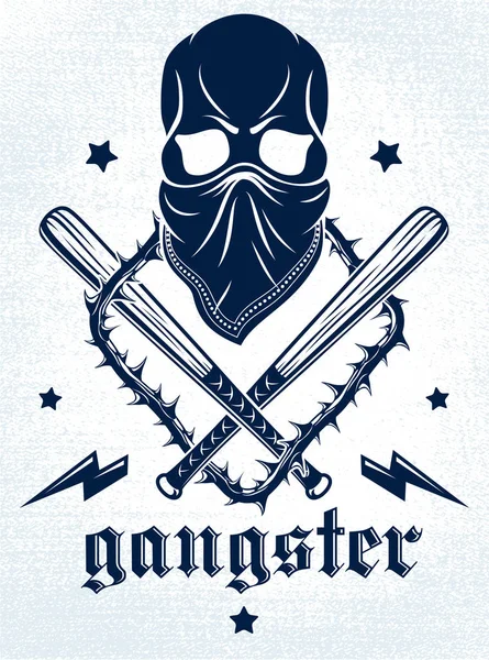 Gangster Emblem Logo oder Tätowierung mit aggressivem Totenkopf Baseball ba — Stockvektor