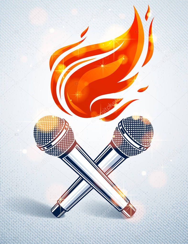 Two microphones crossed on fire, hot mic in flames, rap battle r