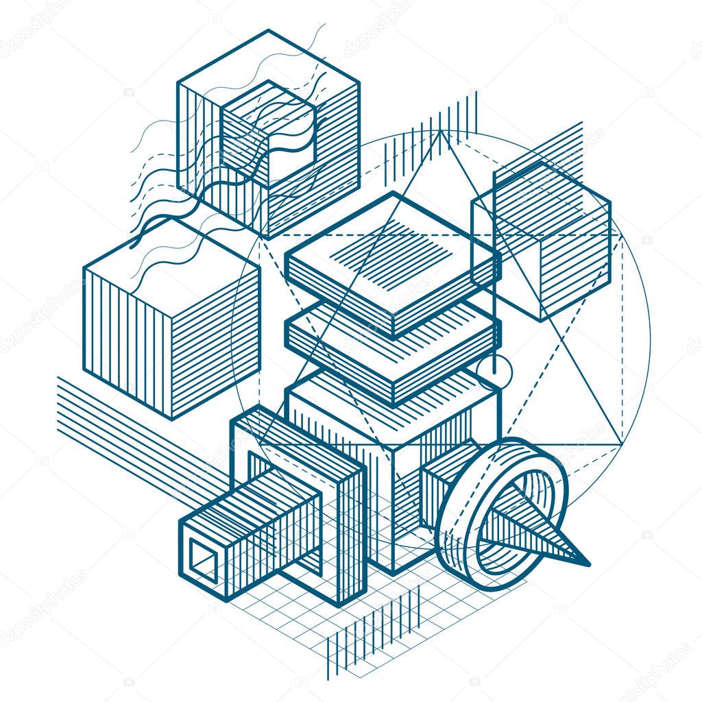 Isometric abstract background with lines and other different ele