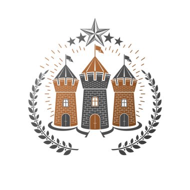 Antik Kale amblemi. Heraldic Coat of Arms dekoratif logosu izole edilmiş vektör çizimi. Beyaz arka planda eski tarzda antika logosu.