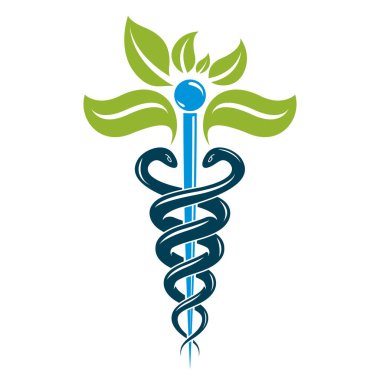 Caduceus tıbbi sembolü, sağlık hizmetlerinde kullanılacak grafik vektör amblemi. Fitoterapi metafor.