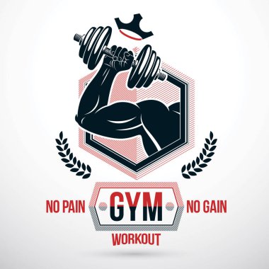 Vektör işareti disk ağırlık dumbbell tutarak kaslı sporcu kol ile oluşur. Hayır hiçbir kazanç yazı ağrı. Vücut geliştirmeci vektör simgesi, şampiyon kavramı