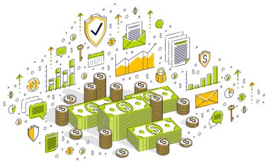 Nakit para doları yığınlar ve para kuruş kazık izole beyaz arka plan üzerinde. İzometrik 3d simgeleri, istatistik grafikleri ve tasarım öğelerini ile finans ve iş illüstrasyon vektör.