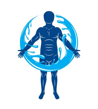 Güçlü erkek, su topu tarafından çevrili vücut siluet vektör grafik resmini. Doğa ile uyum içinde yaşayan. 