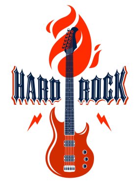 Hard Rock amblemi elektro gitar vektör logosu, konser festival ya da gece kulübü etiket, müzik Tema illüstrasyon ile gitar dükkanı veya t-shirt baskı, rock band işaret ile şık tipografi.