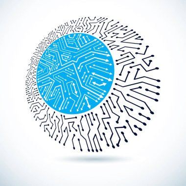 Soyut bilgisayar devre kartı illüstrasyonu, bağlantıları olan dairesel teknoloji elementi. Elektronik tema web tasarımı.