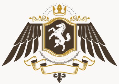 Hanedan işareti vektör vintage öğeler kullanarak yapılan Kartal kanatları, at illüstrasyon ve kral taç