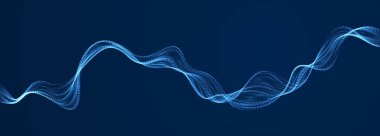 Akan parçacıklar karanlık arka planda dalgalanır, dinamik ses eğrisi çizgileri. 3d vektör illüstrasyonu. Güzel dalga şekilli parlayan noktalar dizisi.
