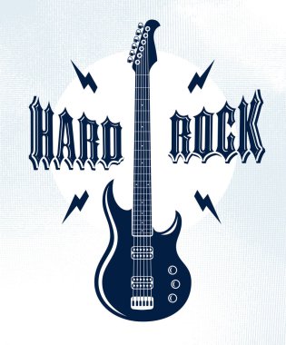 Hard Rock amblemi elektro gitar vektör logosu, konser festival ya da gece kulübü etiket, müzik Tema illüstrasyon ile gitar dükkanı veya t-shirt baskı, rock band işaret ile şık tipografi.