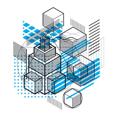 Soyut izometrik çizgiler ve şekiller ile vektör arka plan. Küpleri, Altıgenler, kareler, dikdörtgenler ve farklı soyut öğeler ile yapılan şablonu.