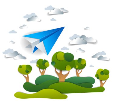 Gökyüzünde uçan çayırlar ve ağaçlar, doğal Doğa manzara oyuncak jet ile mükemmel vektör çizim üzerinde origami kağıt uçak oyuncak çıkar ve otlaklar, Havayolları air Tema seyahat. 